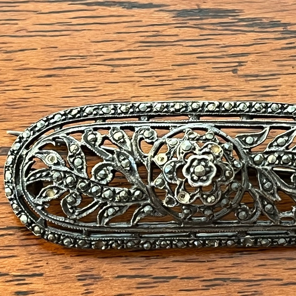 Vintage Silver Marcasite Brooch with Floral Design